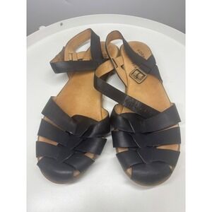 Kork-Ease Womens Black Leather Fisherman Sandals Flat Slingback Buckle 10